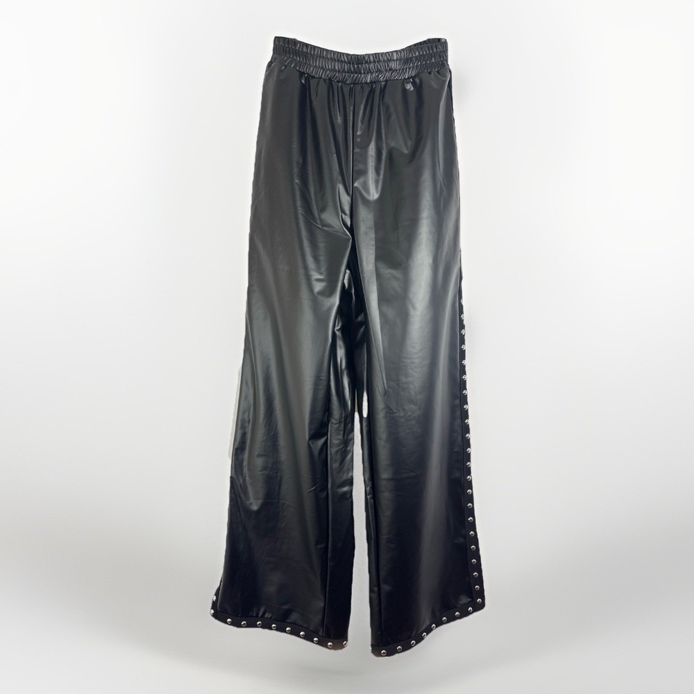 SHEIN Infinite Styles Faux Leather Stud Side Slit Side Wide Leg Pants Black Punk